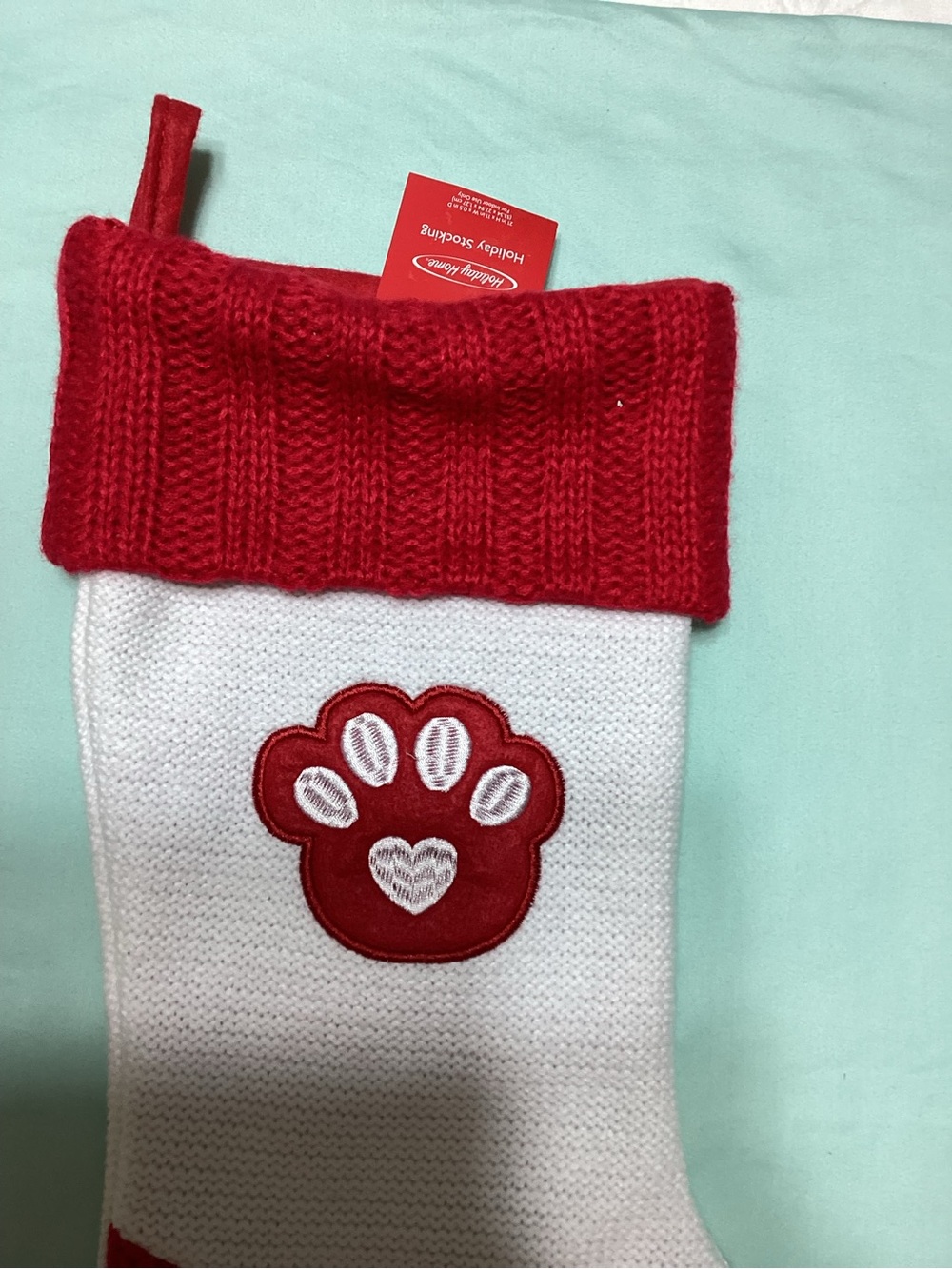Holiday Home Red White Christmas Holiday Dog Paw Print Stocking NWT